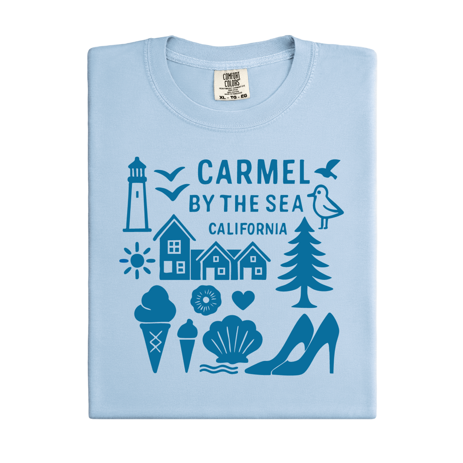 Light blue t-shirt with blue graphics and text on a white background