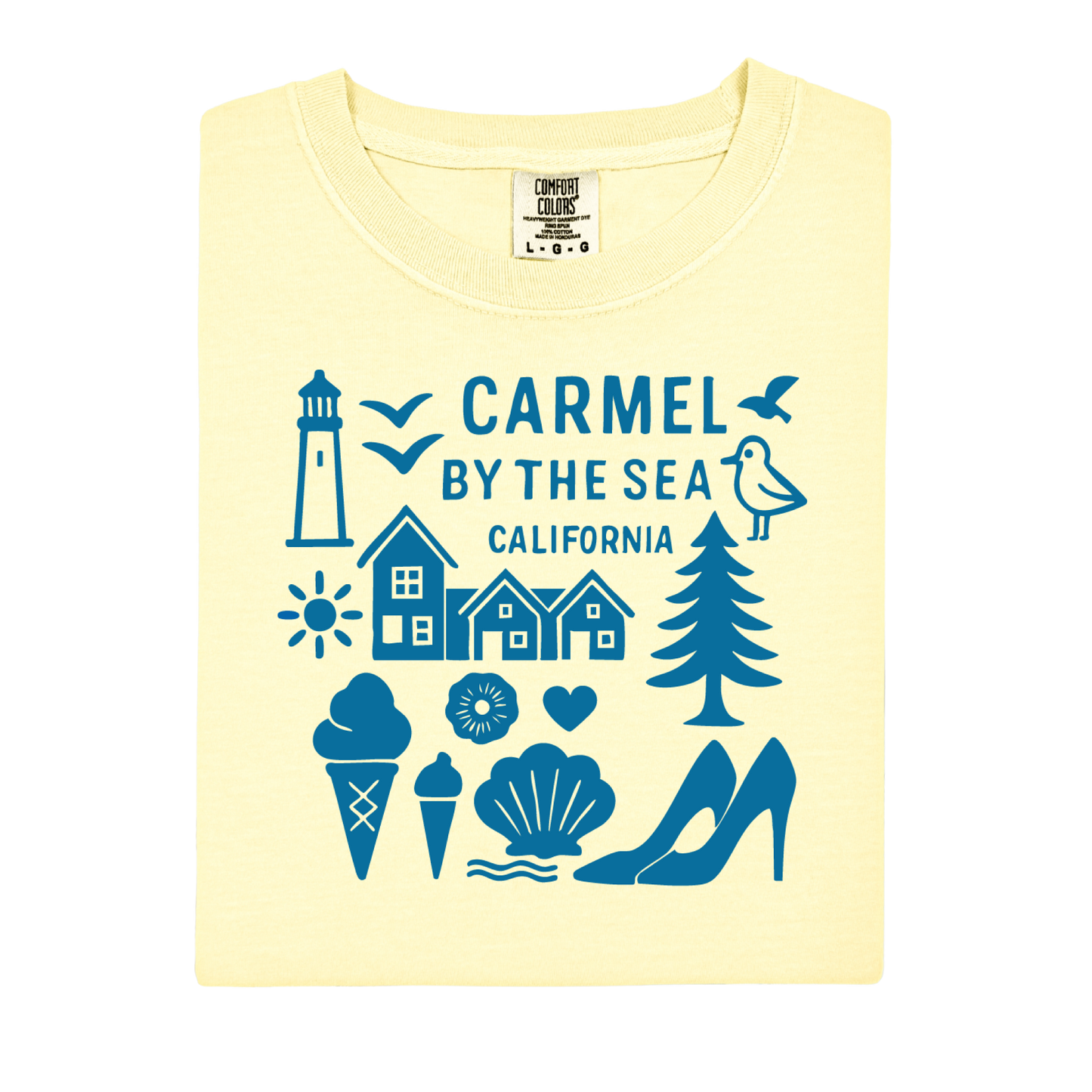 Yellow t-shirt with blue graphics and text on a white background