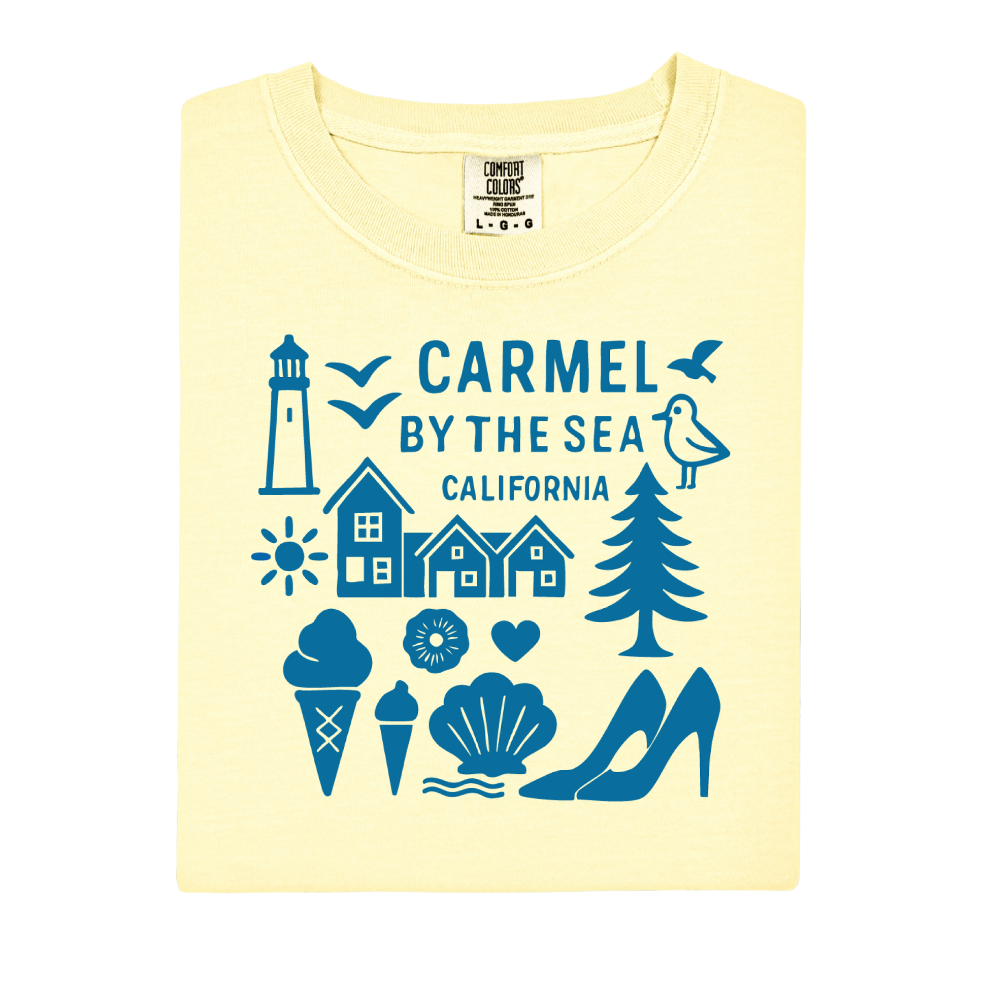 Yellow t-shirt with blue graphics and text on a white background