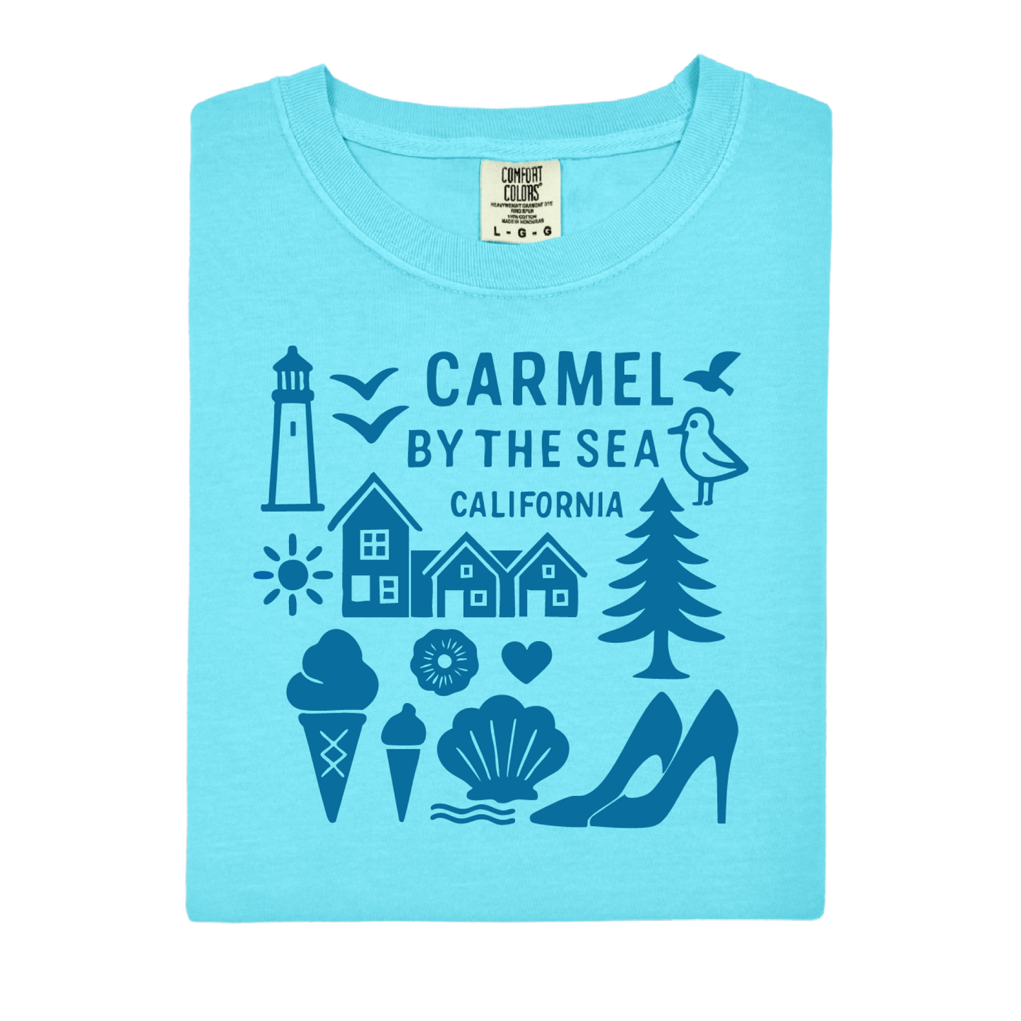 Light blue t-shirt with 'Carmel by the Sea, California' design on a white background