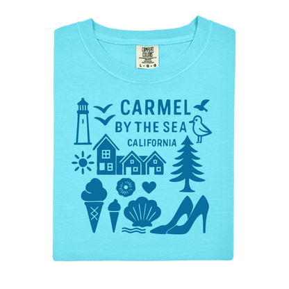 Light blue t-shirt with 'Carmel by the Sea, California' design on a white background