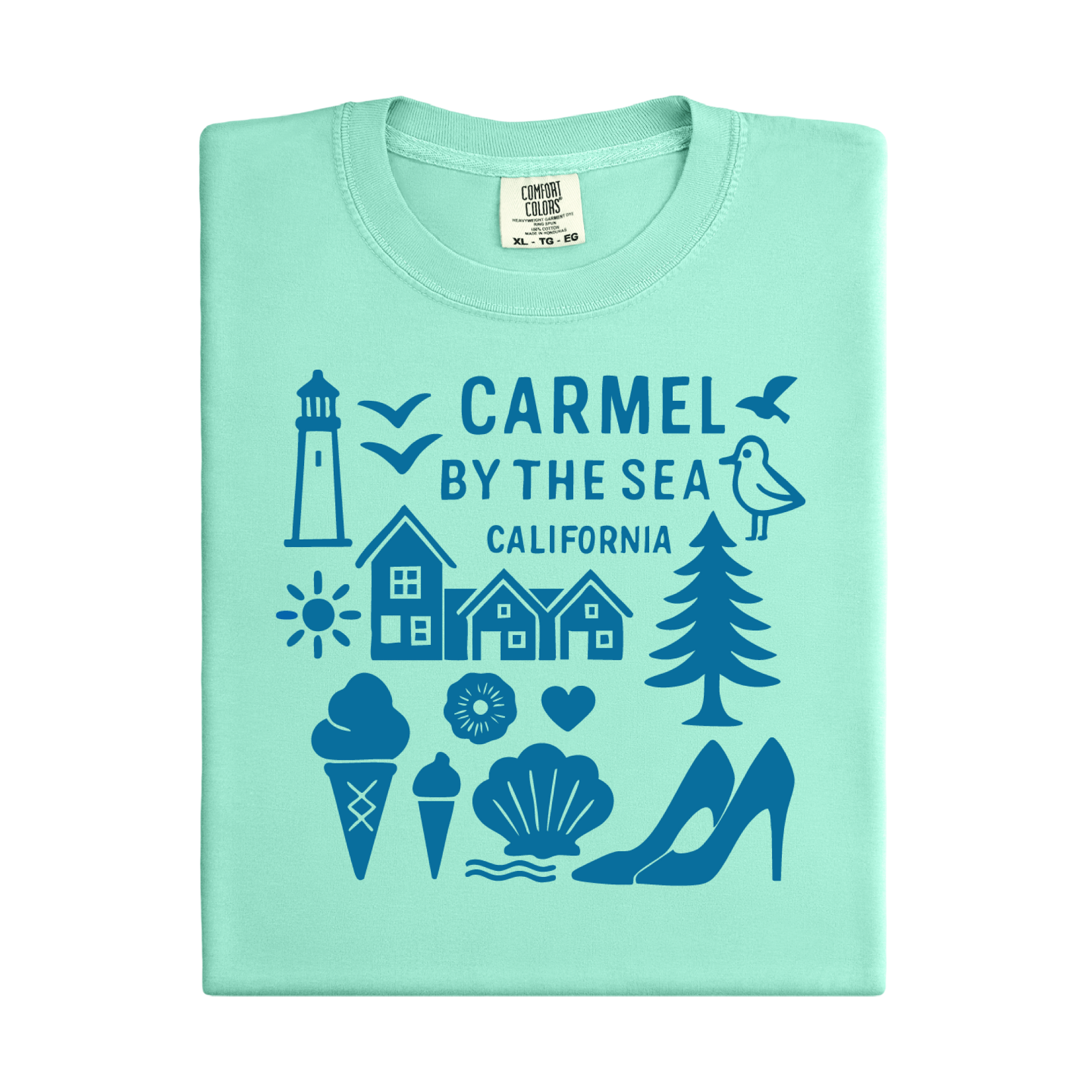 Light green t-shirt with blue graphics and text on a white background