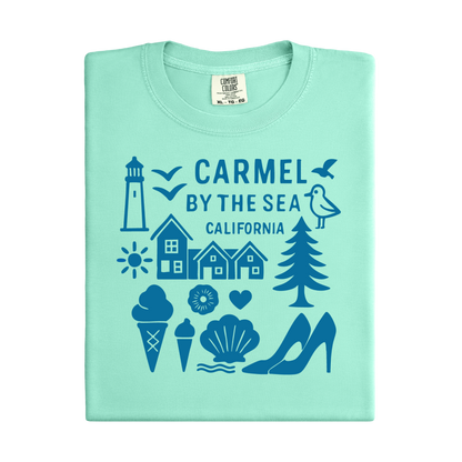 Light green t-shirt with blue graphics and text on a white background