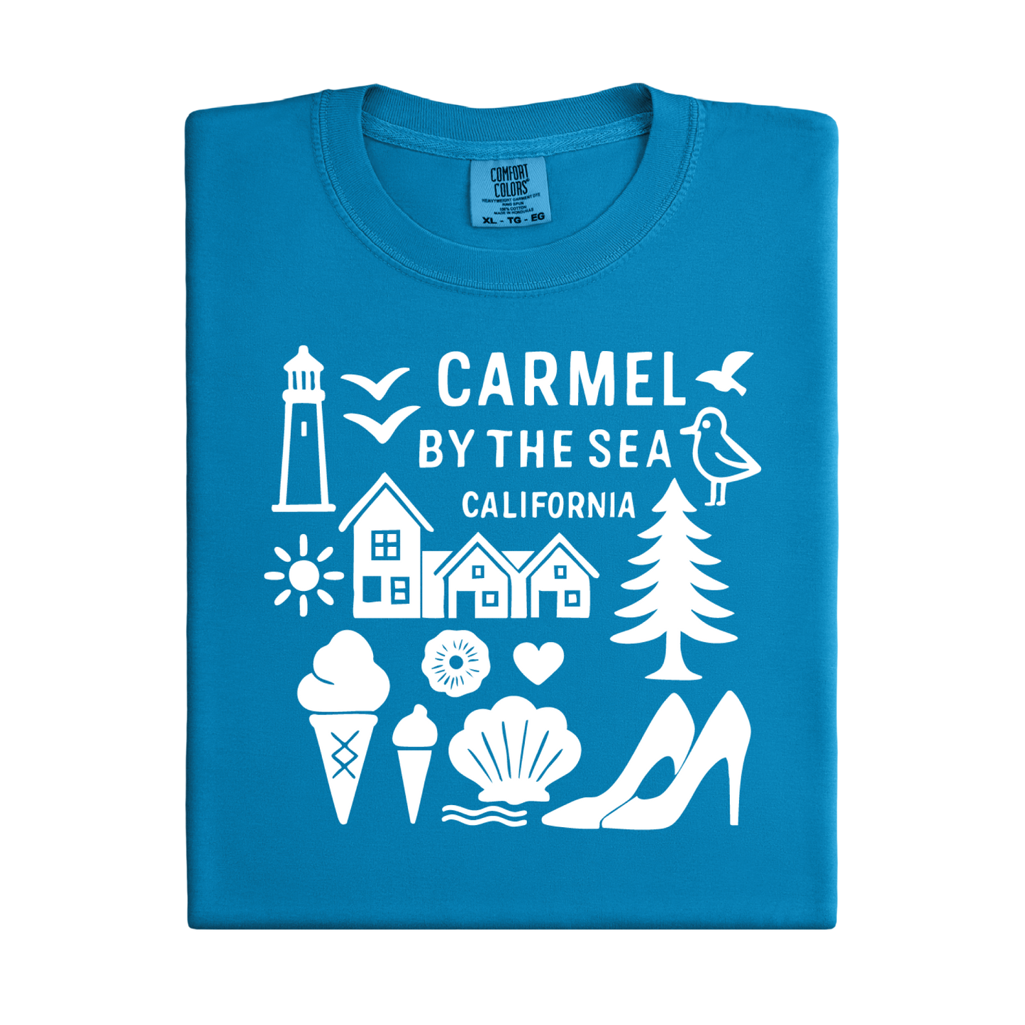 Blue t-shirt with white graphics and text on a white background