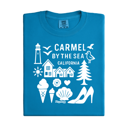 Blue t-shirt with white graphics and text on a white background