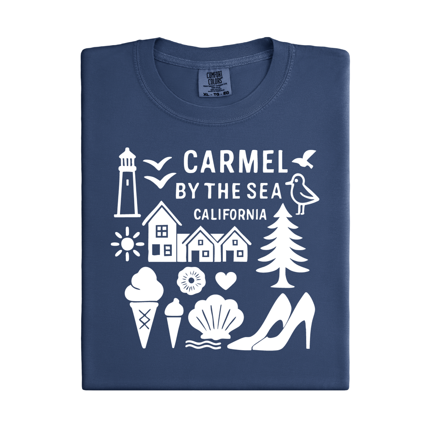 Folded navy blue t-shirt with white graphics and text on a white background