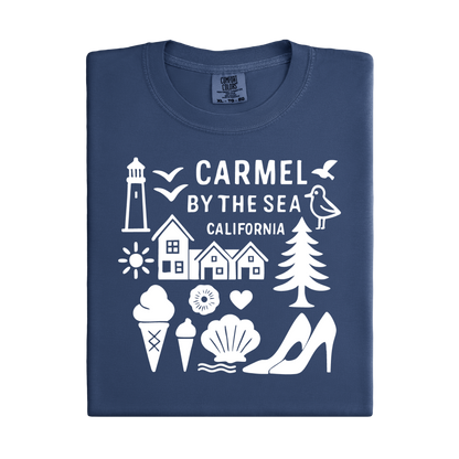 Folded navy blue t-shirt with white graphics and text on a white background