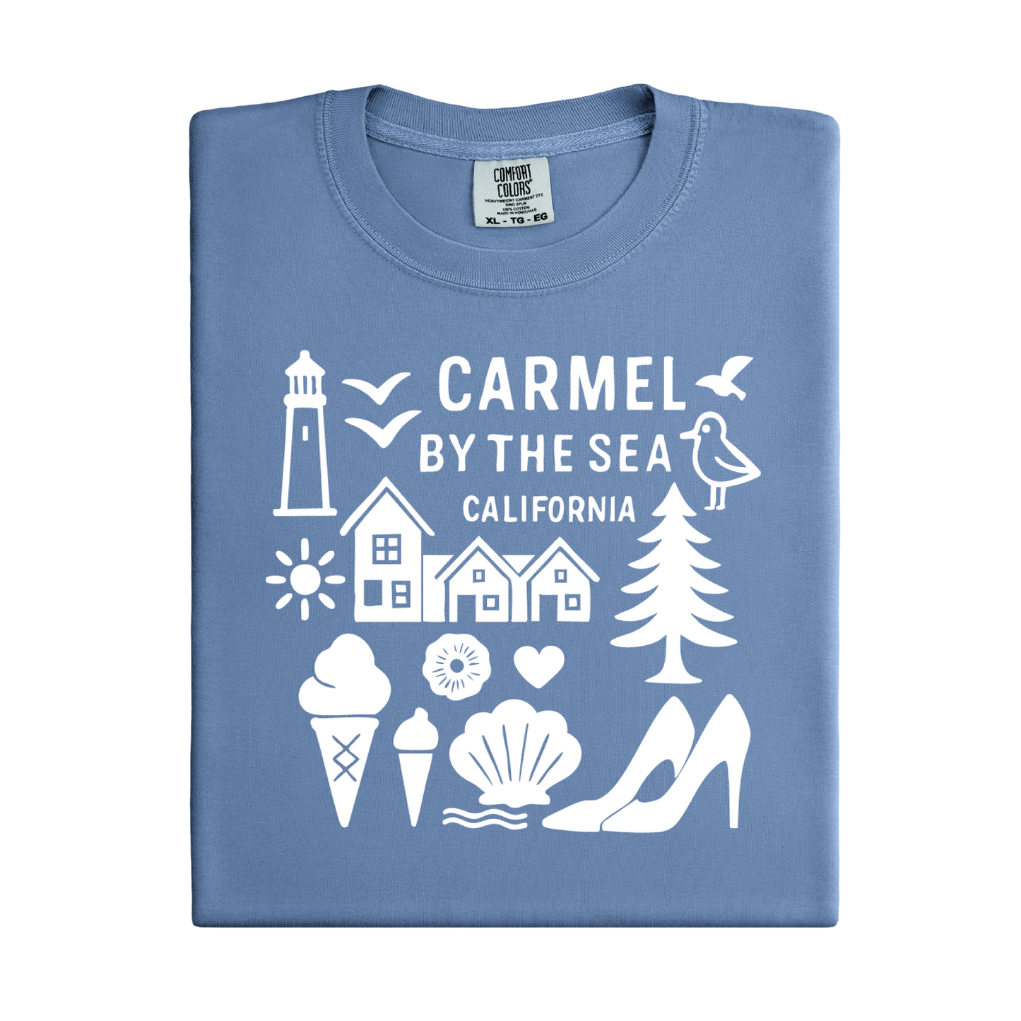 Folded blue t-shirt with white graphics and text on a white background