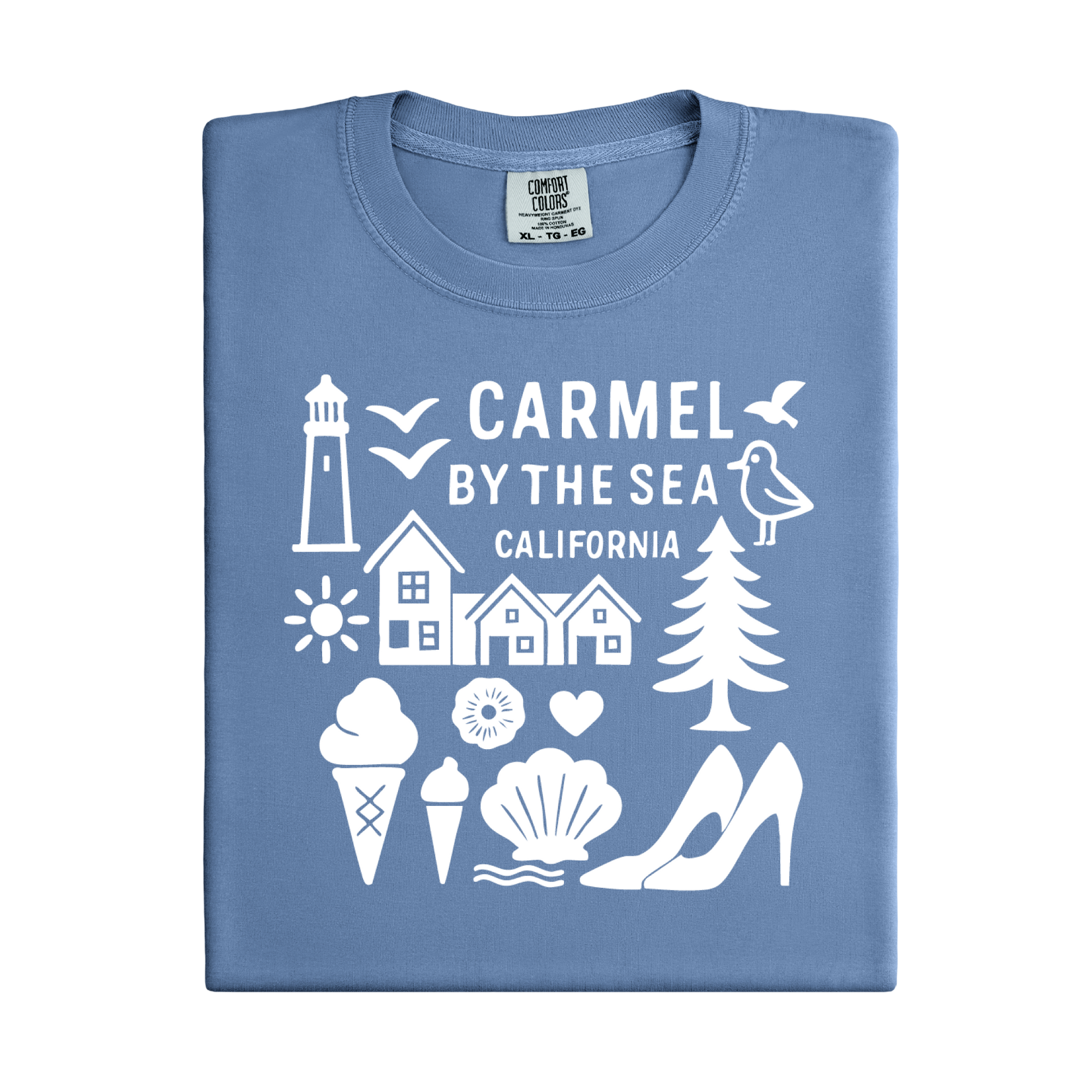 Folded blue t-shirt with white graphics and text on a white background