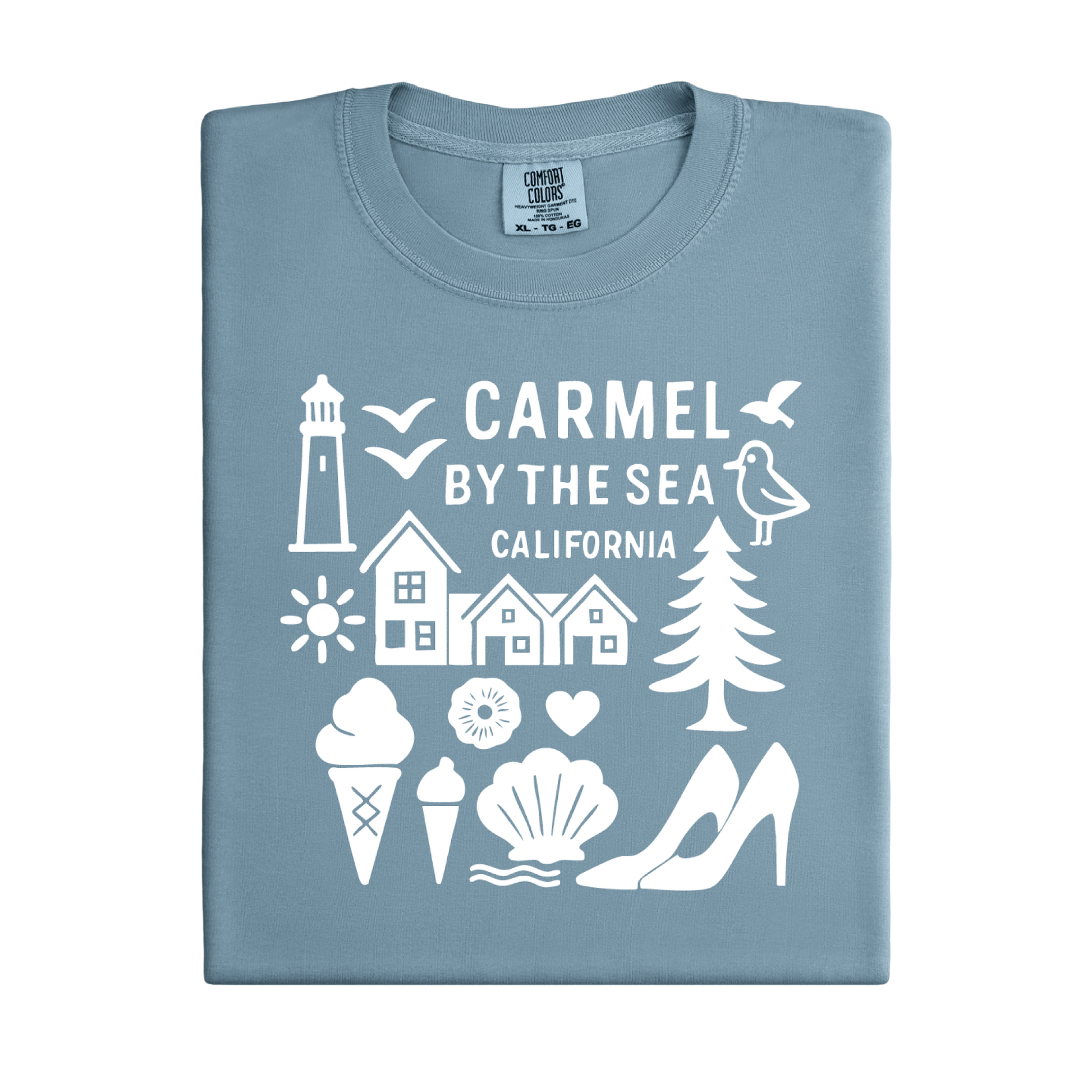 Blue t-shirt with white graphics and text on a white background