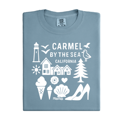 Blue t-shirt with white graphics and text on a white background