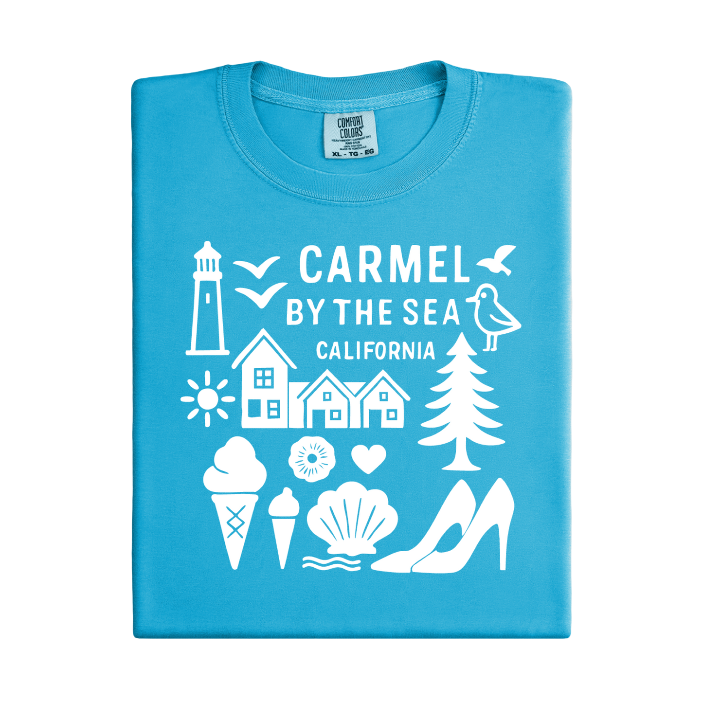 Blue t-shirt with white graphics and text on a white background