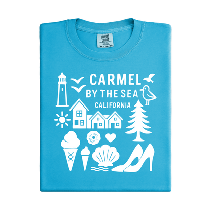 Blue t-shirt with white graphics and text on a white background