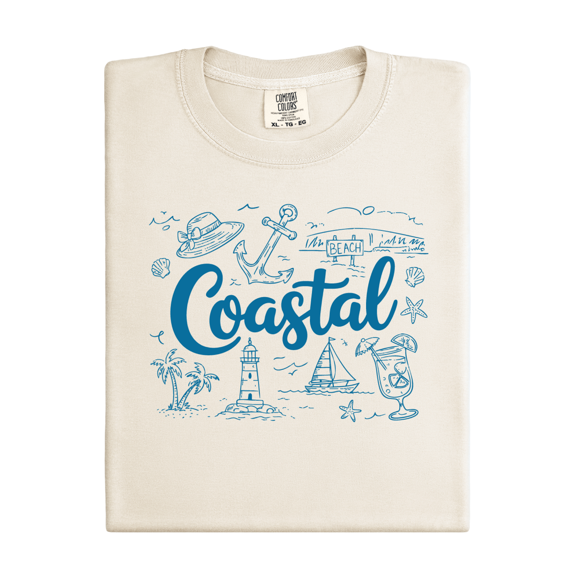 Ivory t-shirt with blue coastal-themed graphics and text on a white background