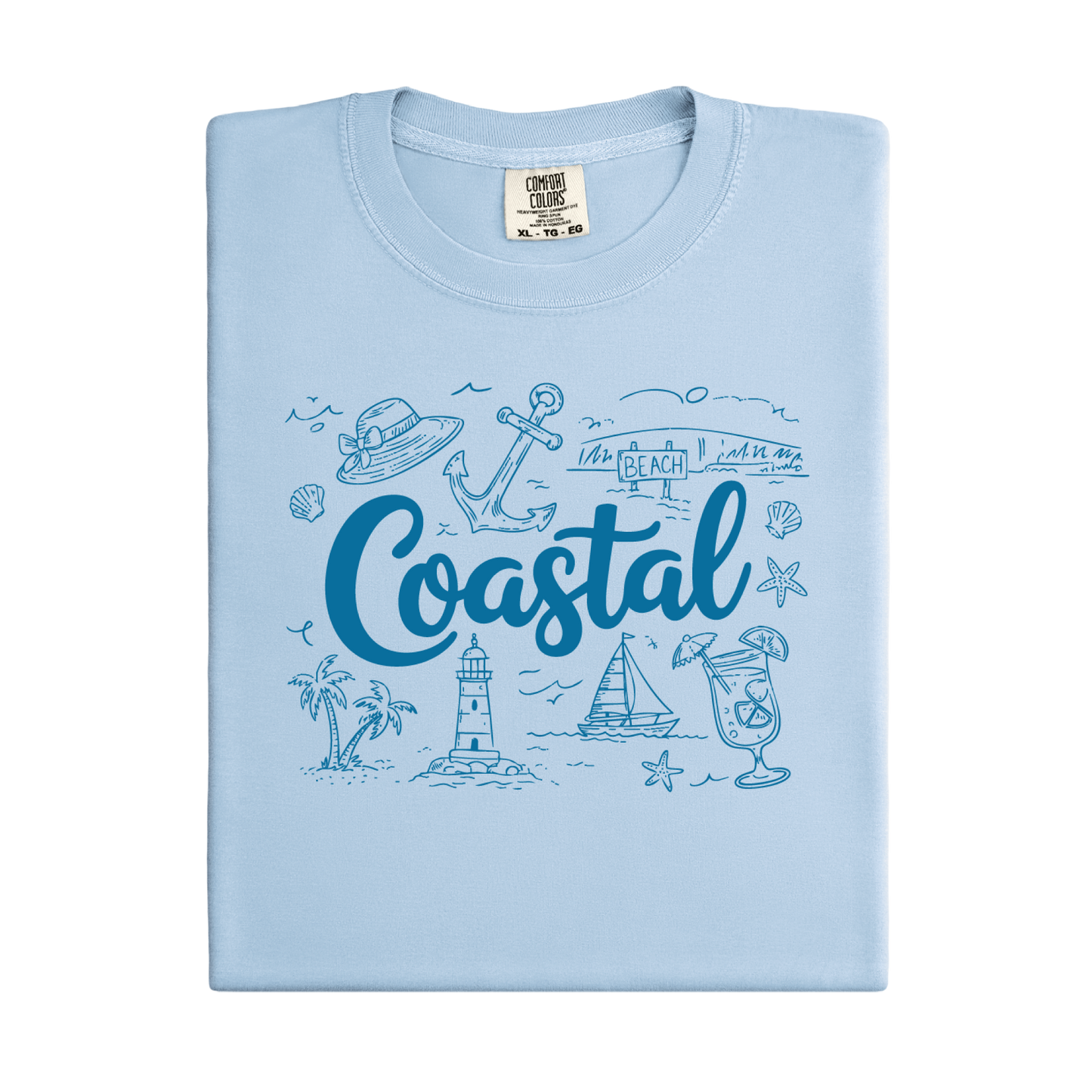 Light blue t-shirt with coastal design and 'Coastal' text on a white background