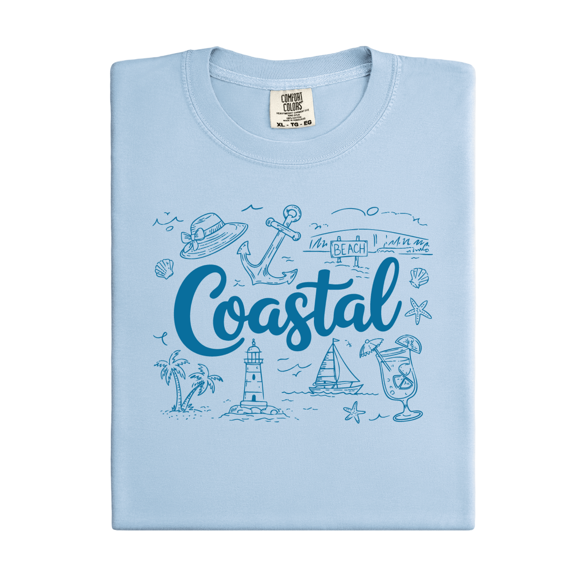 Light blue t-shirt with coastal design and 'Coastal' text on a white background