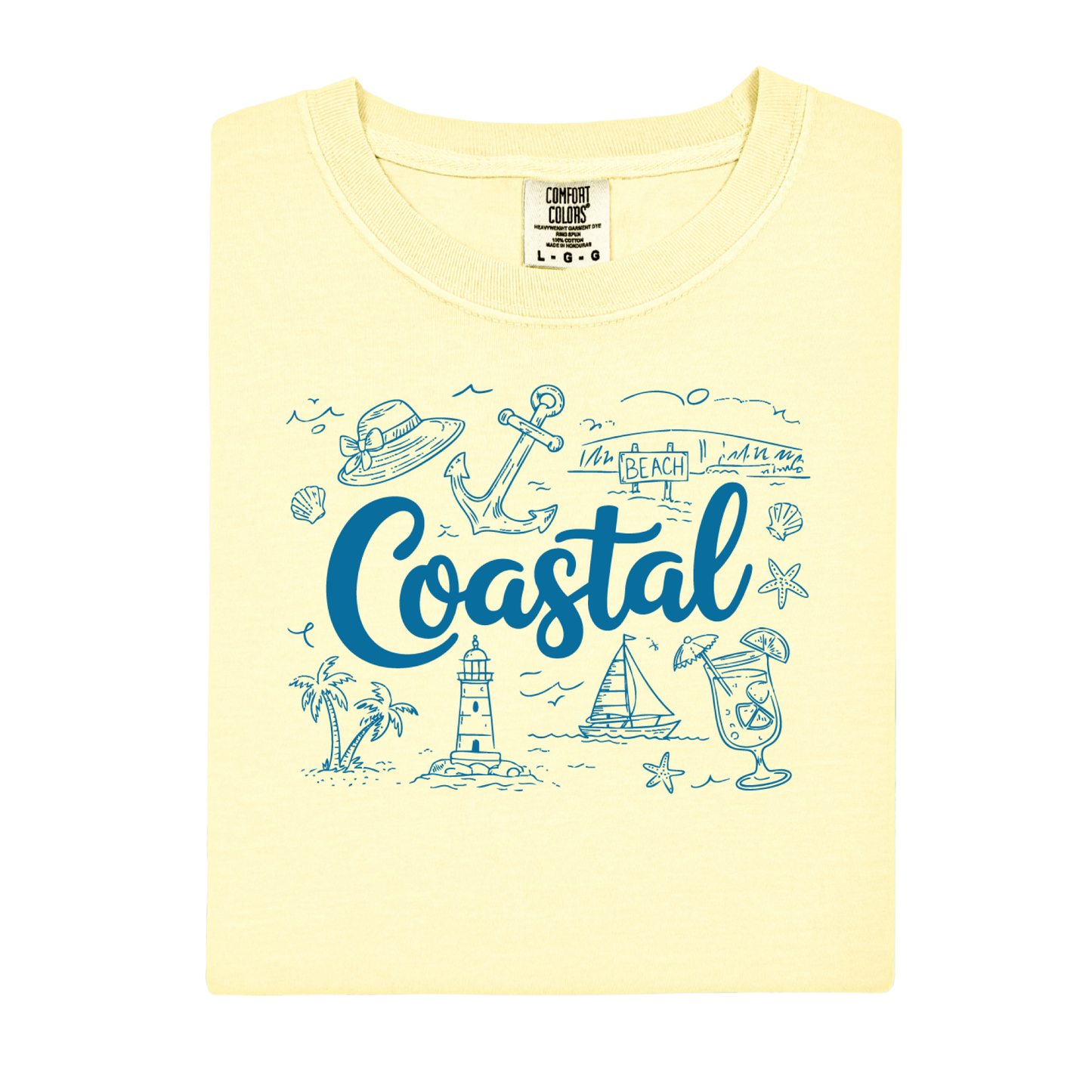 Yellow t-shirt with blue coastal graphics and text on a white background