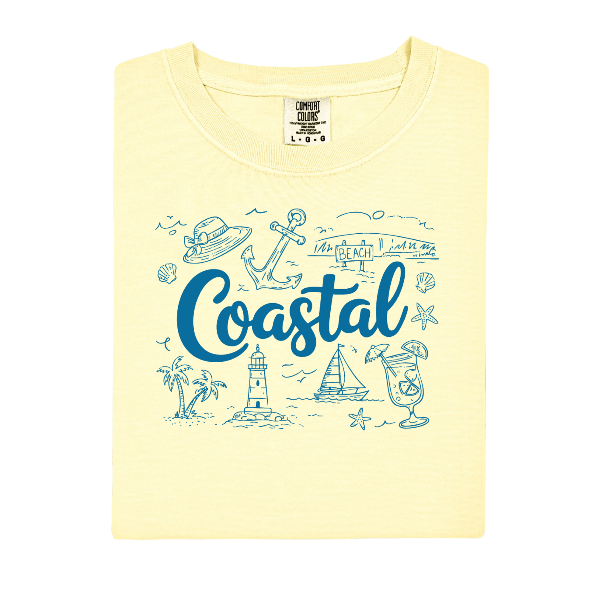 Yellow t-shirt with blue coastal graphics and text on a white background