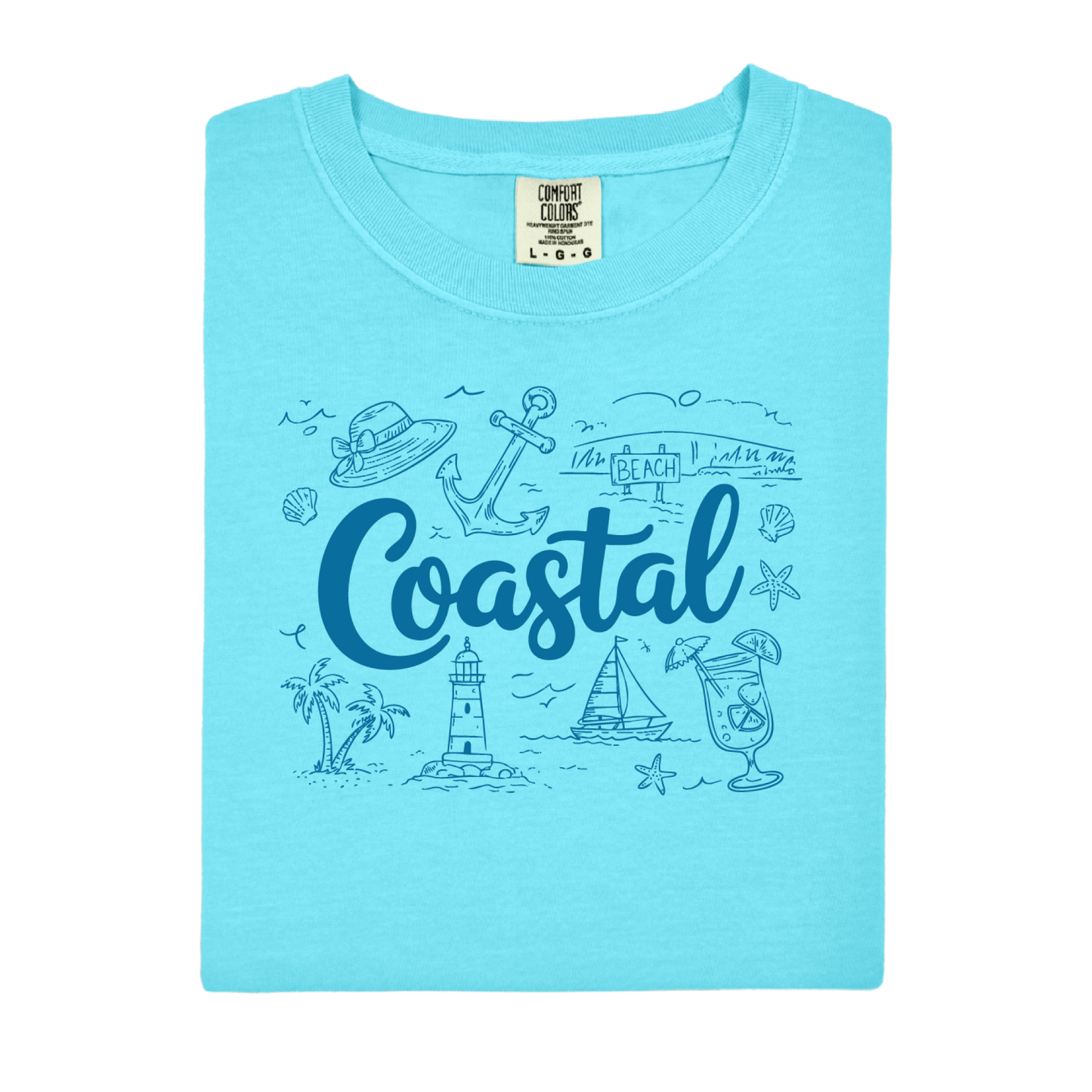 Lagoon blue t-shirt with coastal design and 'Coastal' text on a white background