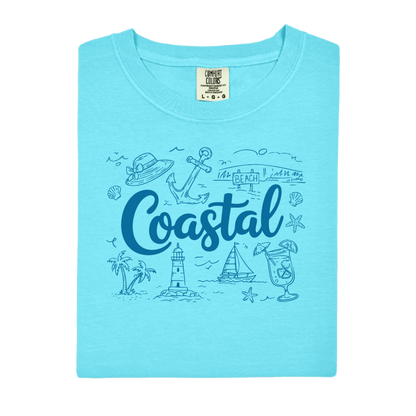Lagoon blue t-shirt with coastal design and 'Coastal' text on a white background