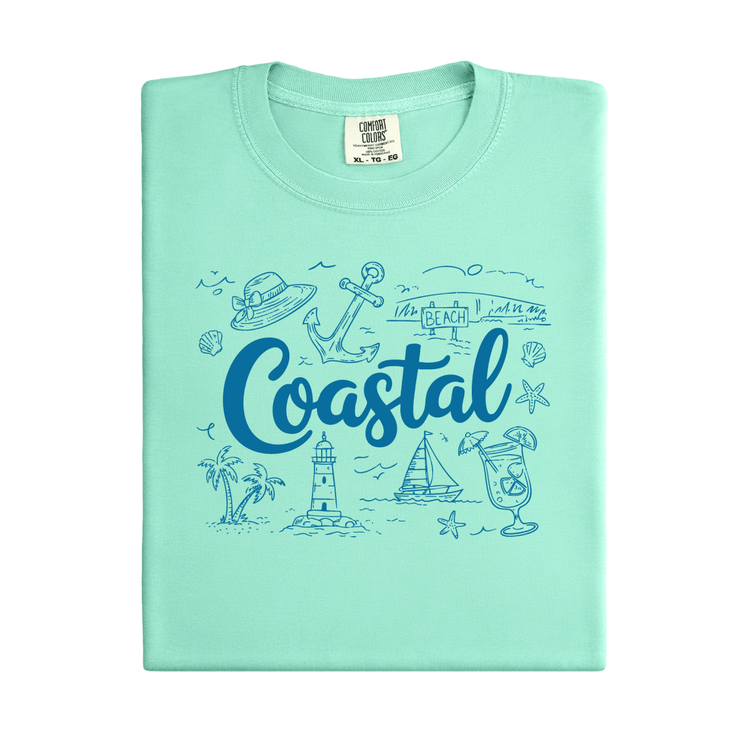 Mint green t-shirt with 'Coastal' design on a white background