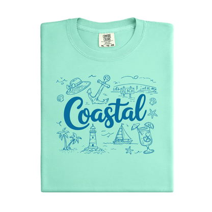 Mint green t-shirt with 'Coastal' design on a white background