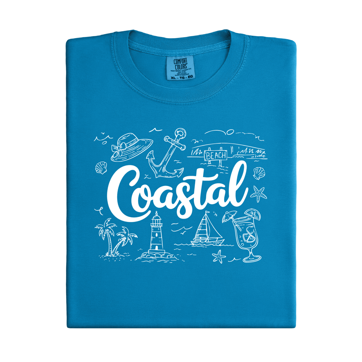 Royal Caribe t-shirt with white coastal graphics and text on a white background