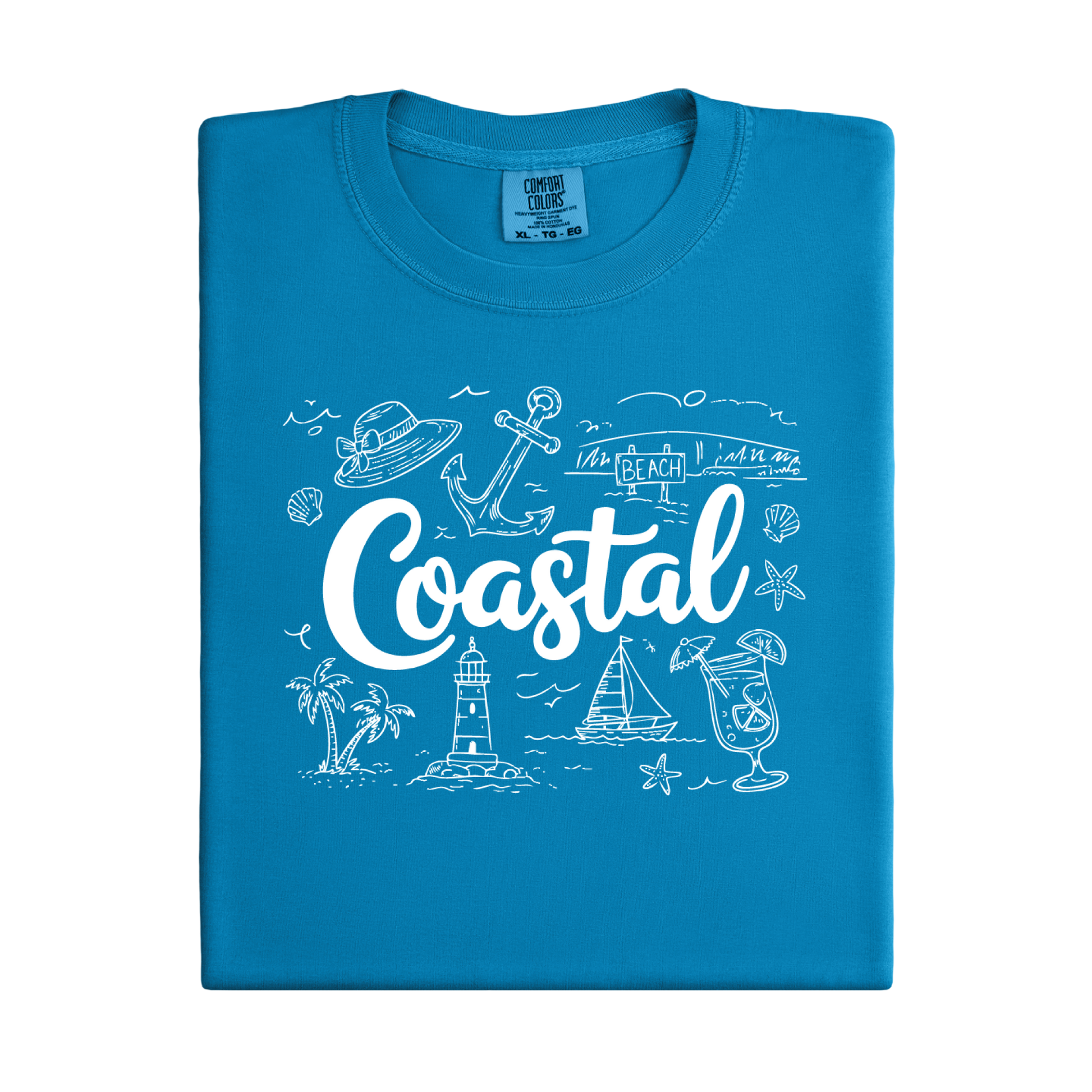 Royal Caribe t-shirt with white coastal graphics and text on a white background