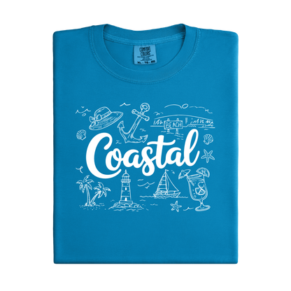 Royal Caribe t-shirt with white coastal graphics and text on a white background