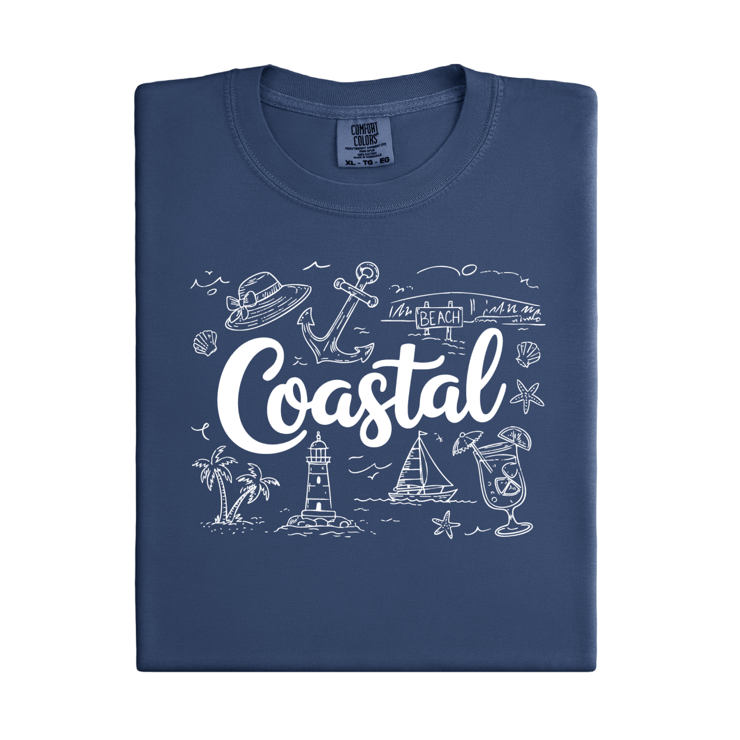 Navy blue t-shirt with white coastal-themed graphics and text on a white background