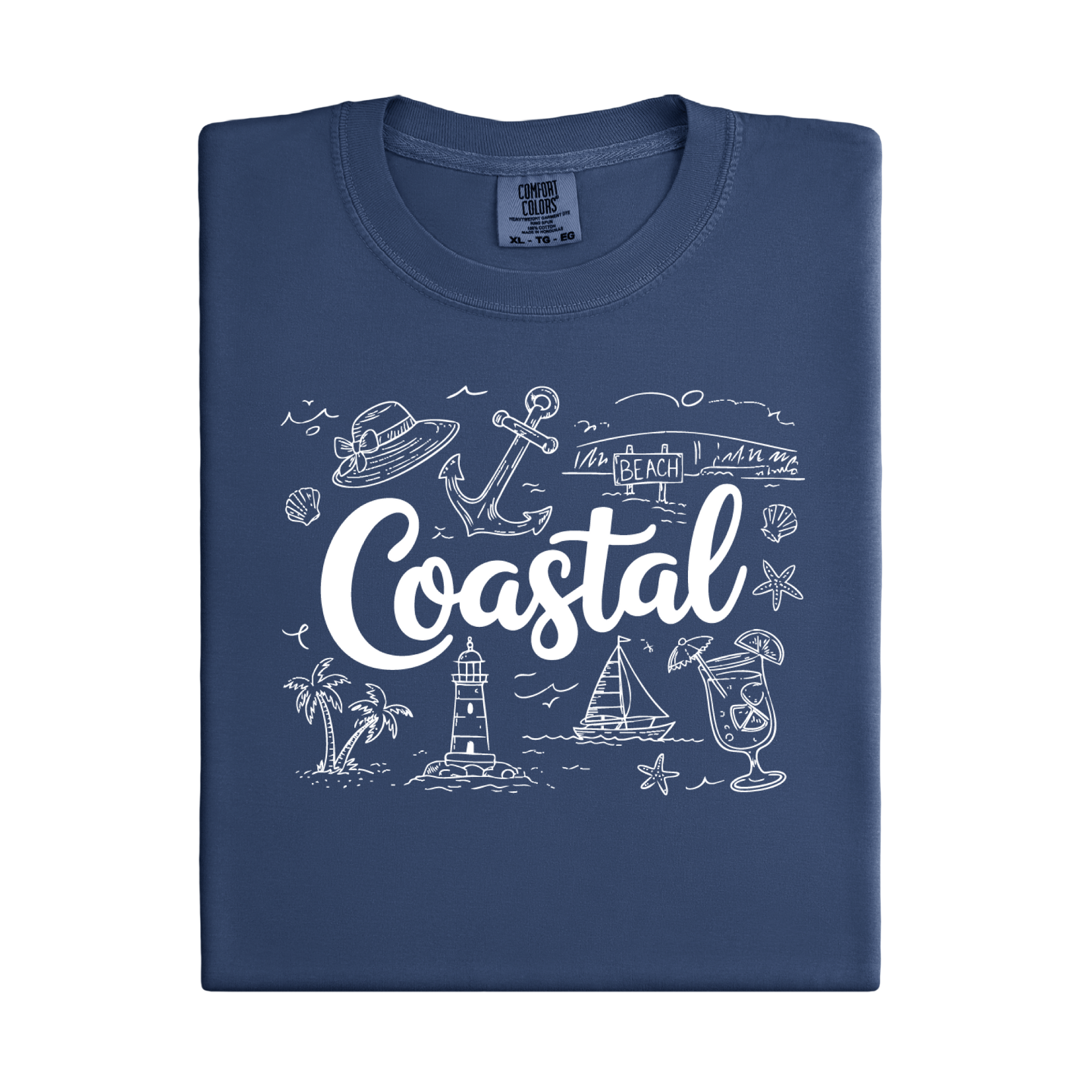 Navy blue t-shirt with white coastal-themed graphics and text on a white background