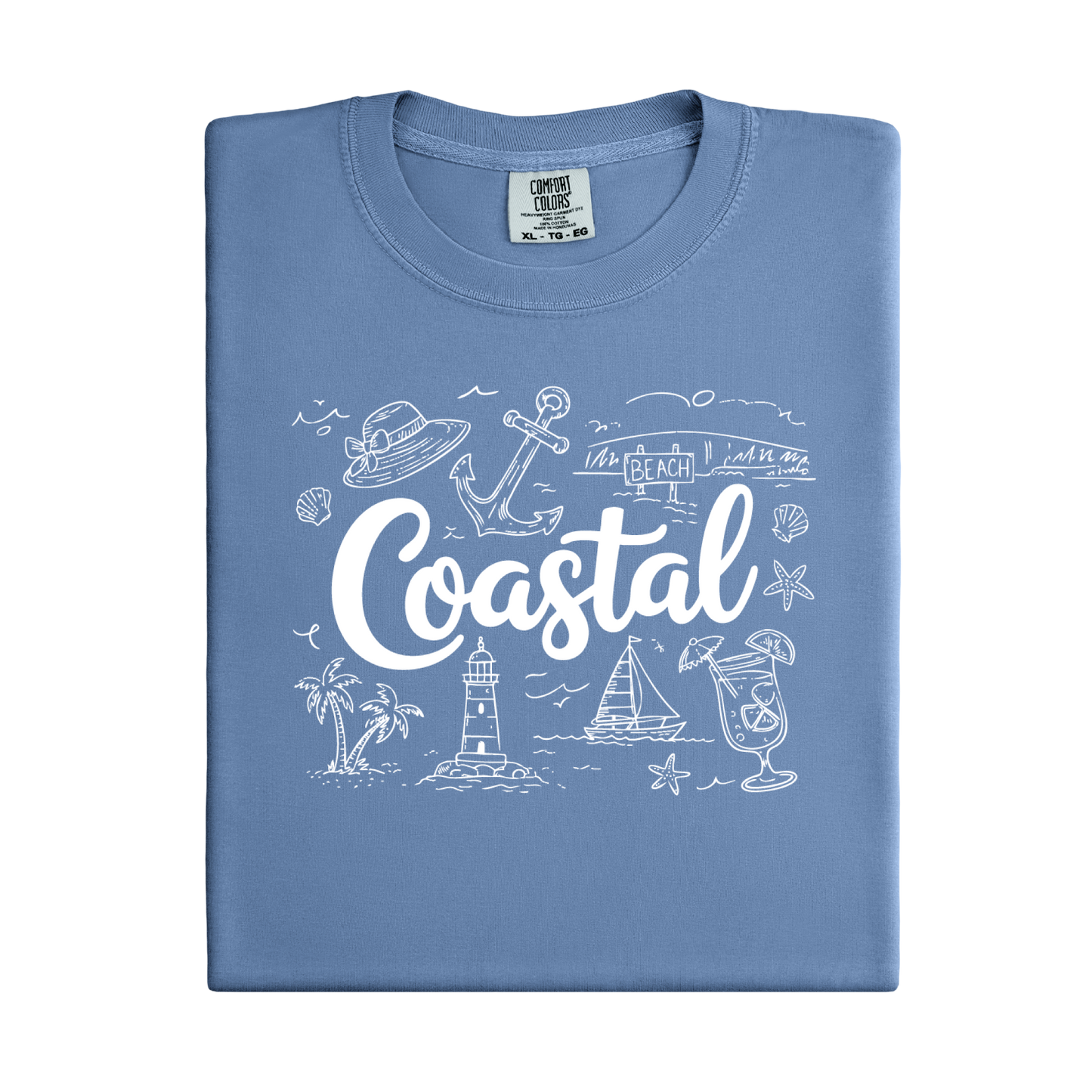 Blue Ice t-shirt with 'Coastal' design and illustrations on a white background