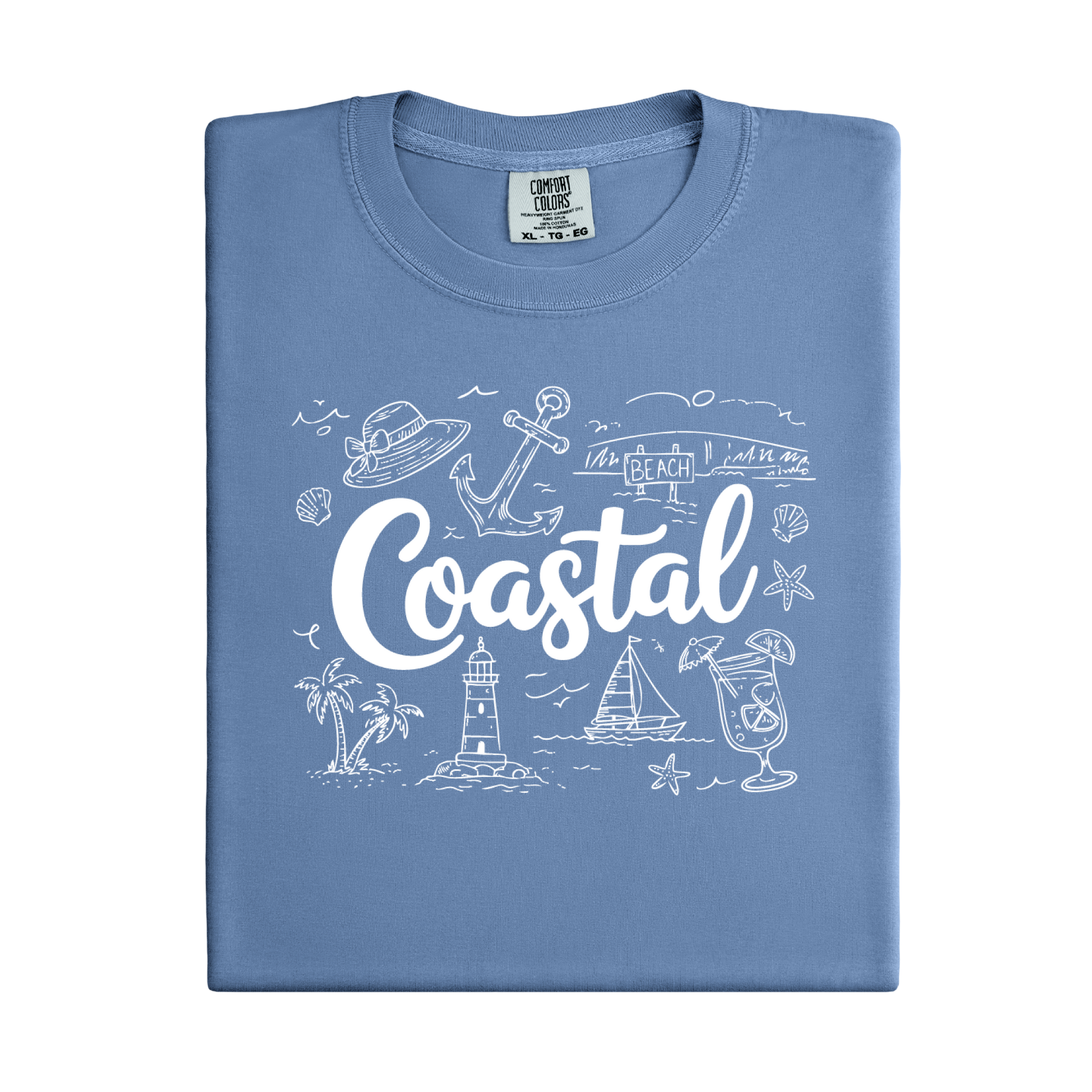 Blue Ice t-shirt with 'Coastal' design and illustrations on a white background