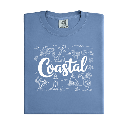Blue Ice t-shirt with 'Coastal' design and illustrations on a white background