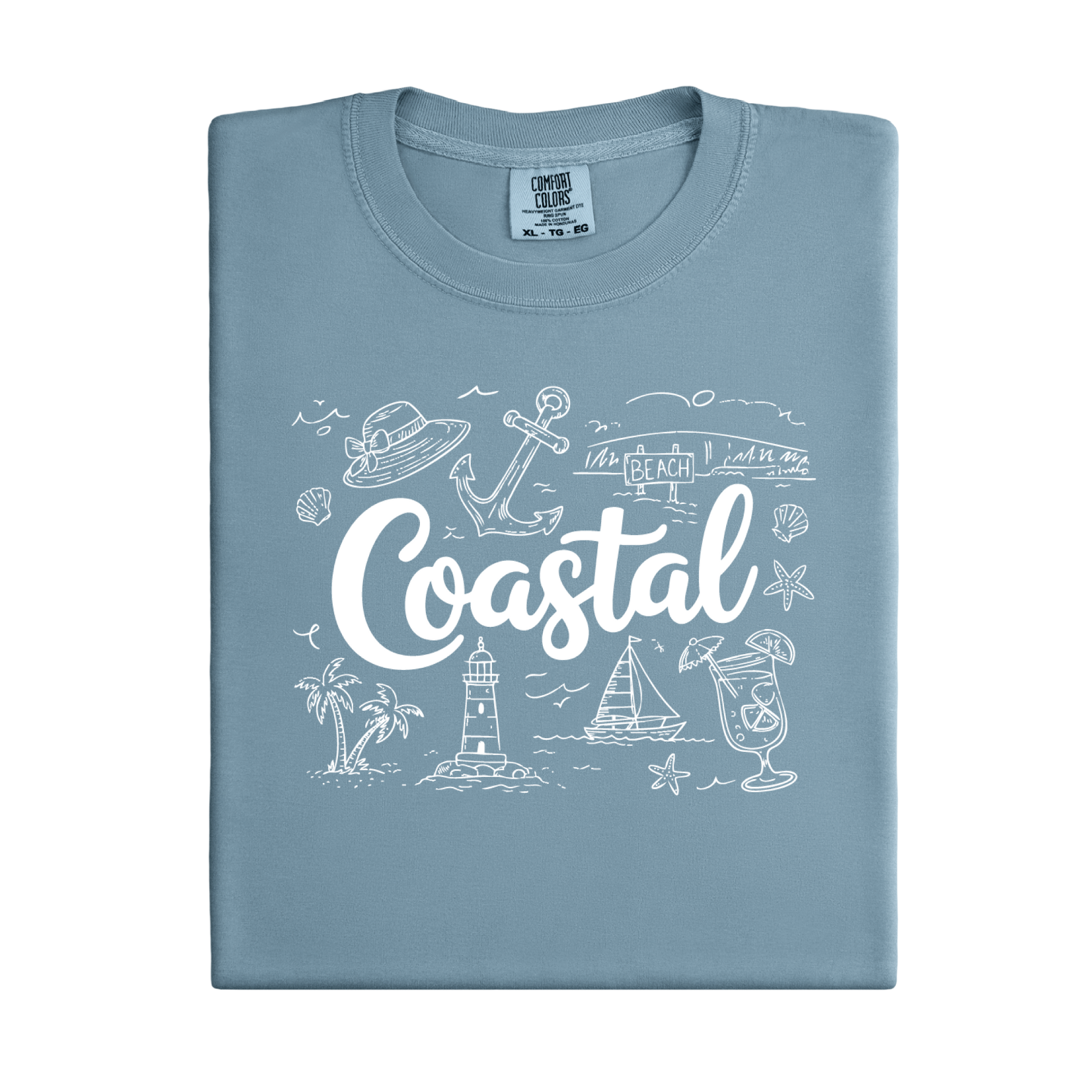 Folded light blue t-shirt with 'Coastal' design on a white background