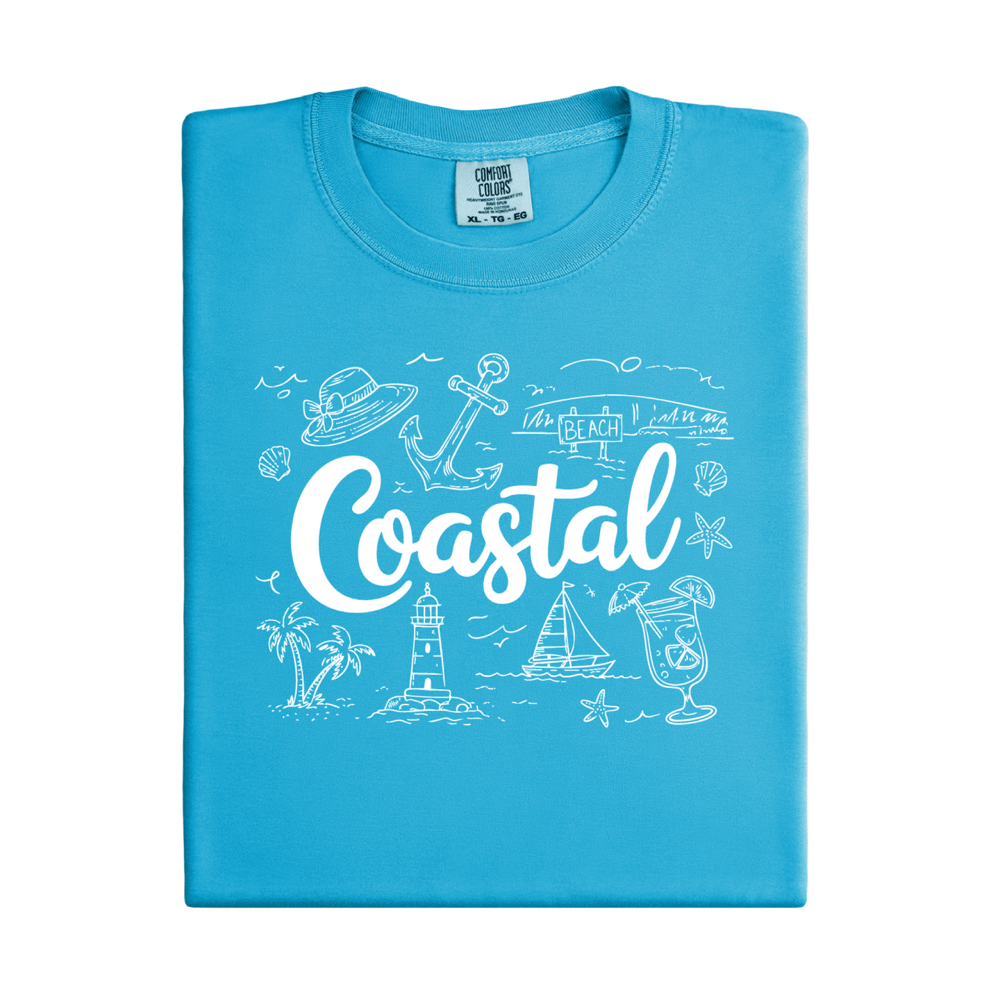 Blue Sapphire t-shirt with coastal-themed graphics and text on a white background