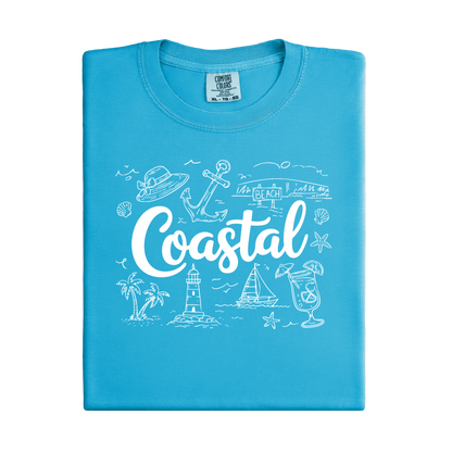 Blue Sapphire t-shirt with coastal-themed graphics and text on a white background