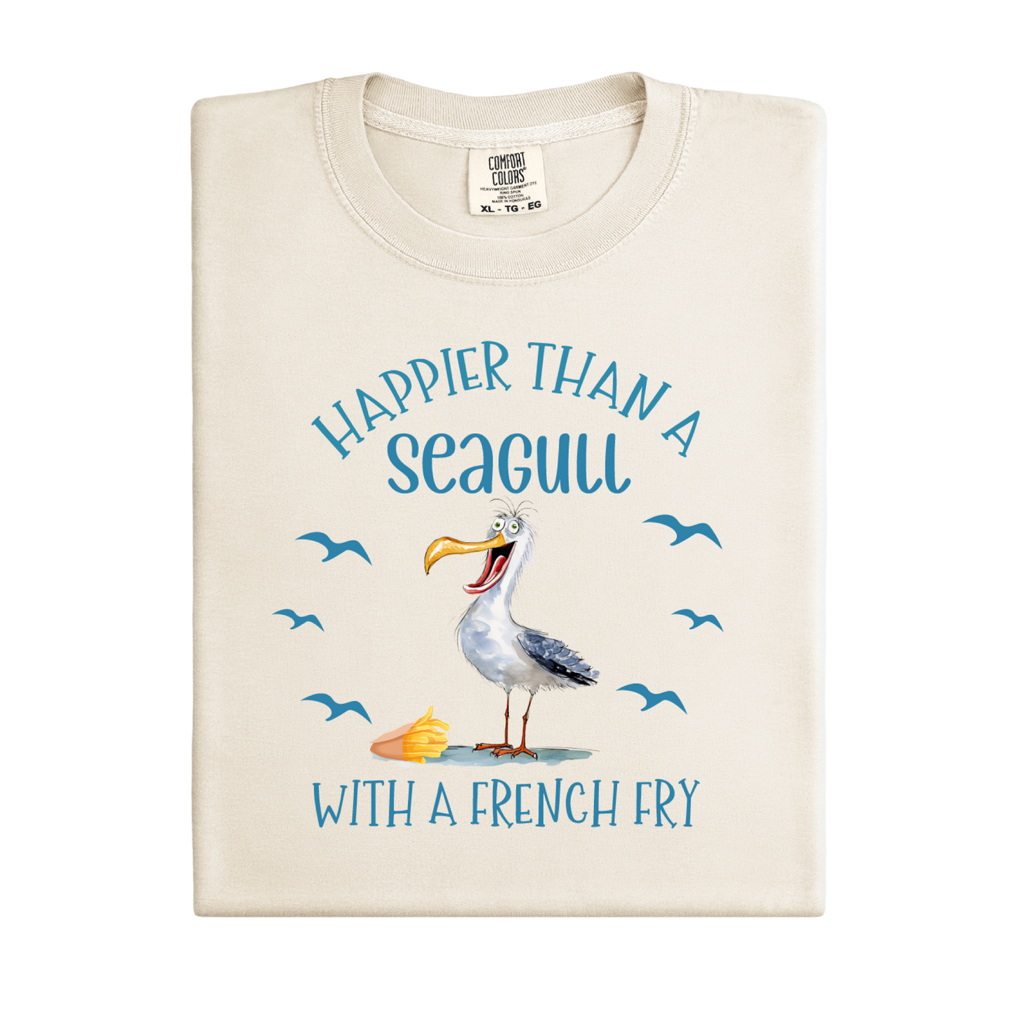 Beige t-shirt with a seagull graphic and text on a white background