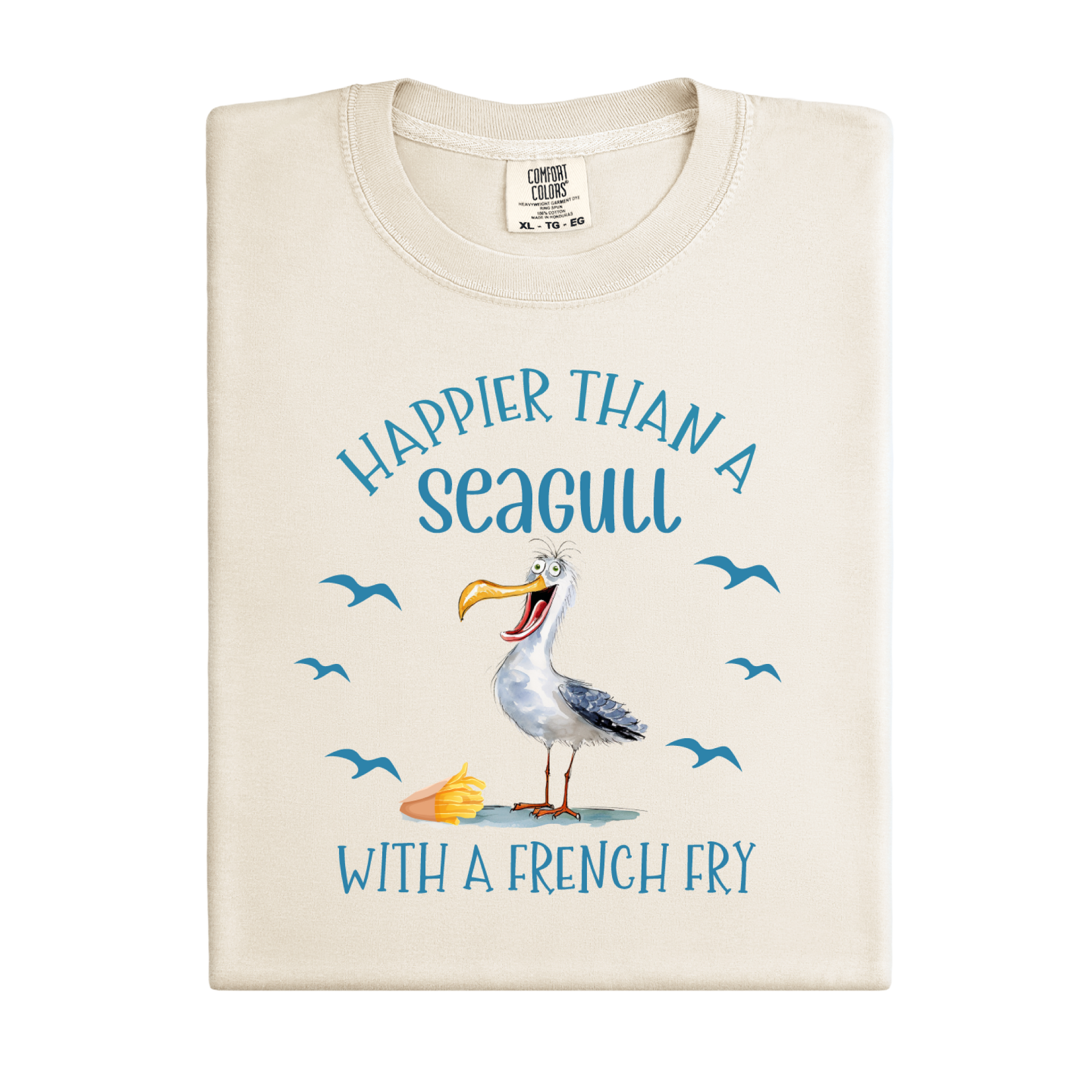 Beige t-shirt with a seagull graphic and text on a white background
