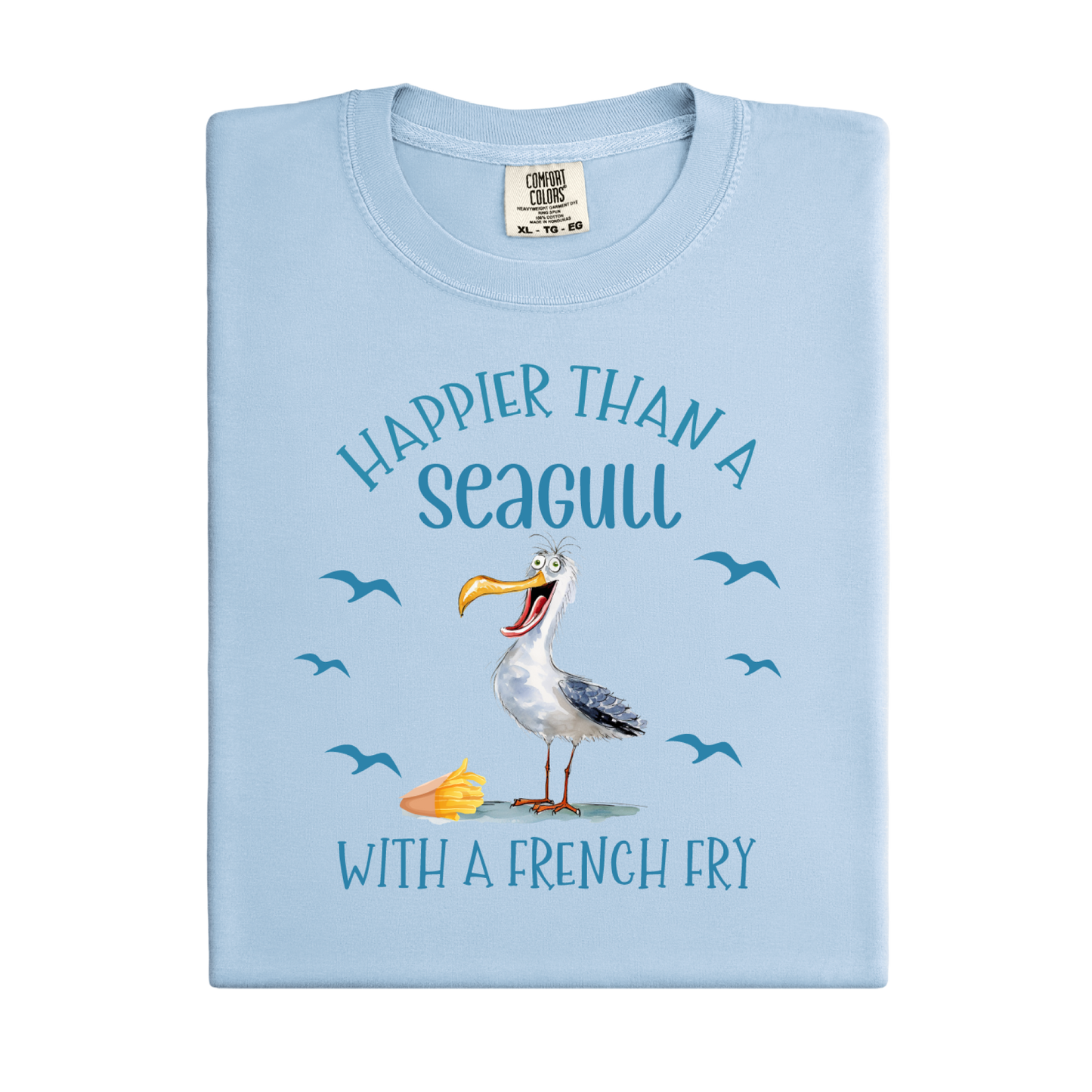 Light blue t-shirt with a seagull graphic and text on a white background