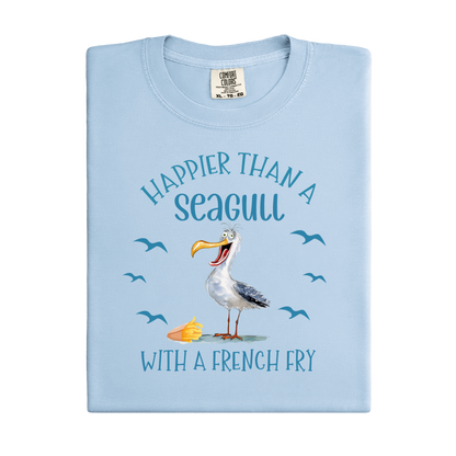 Light blue t-shirt with a seagull graphic and text on a white background