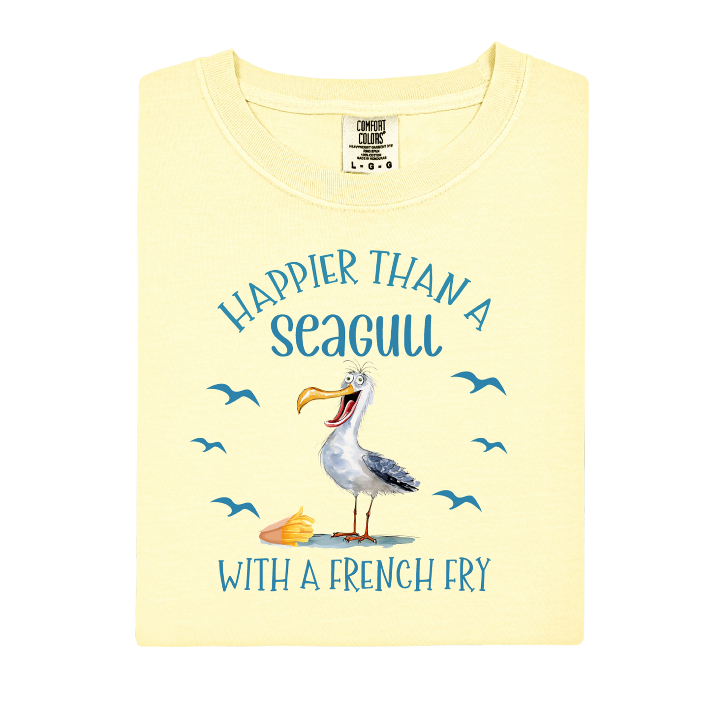 Yellow t-shirt with a seagull graphic and text on a white background