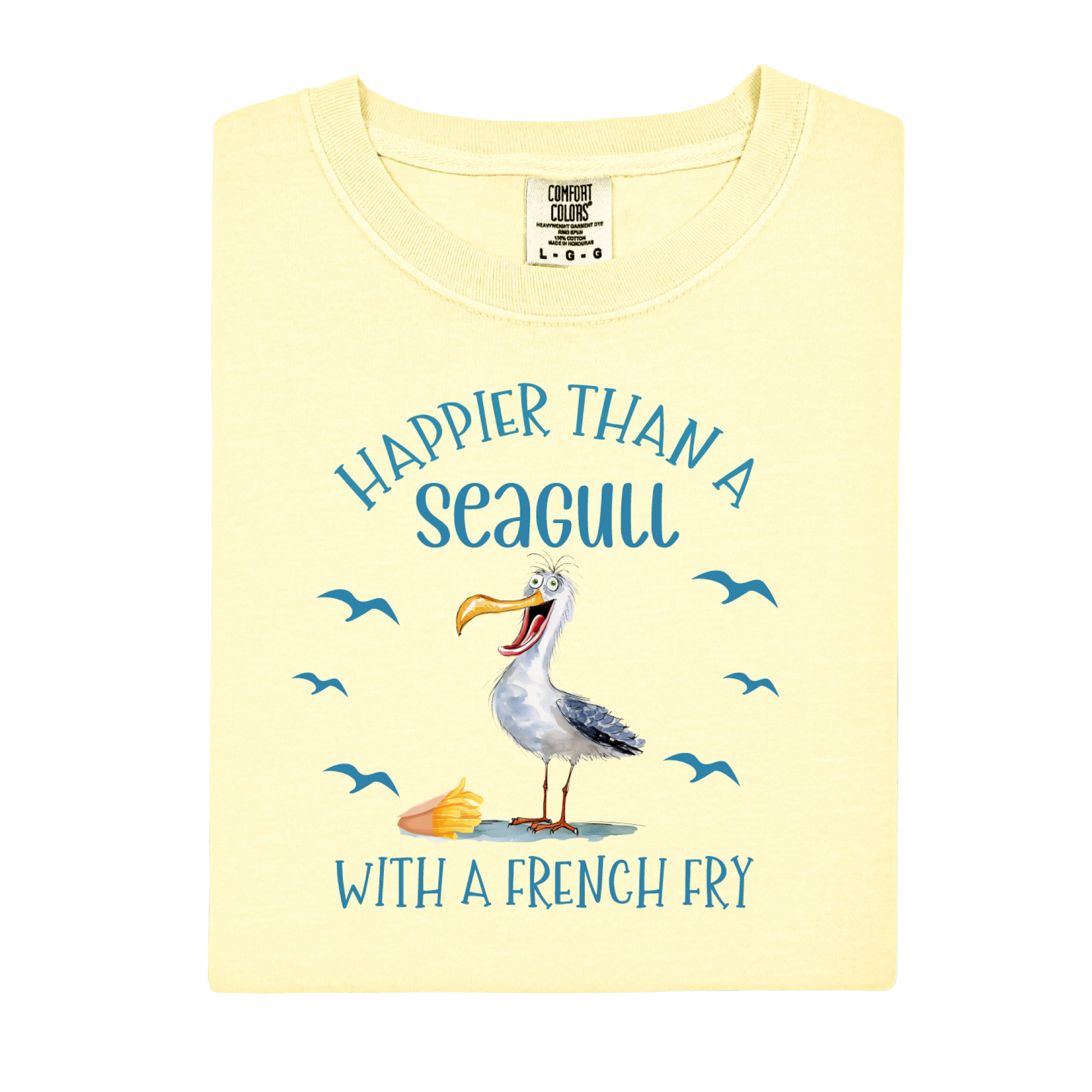 Yellow t-shirt with a seagull graphic and text on a white background