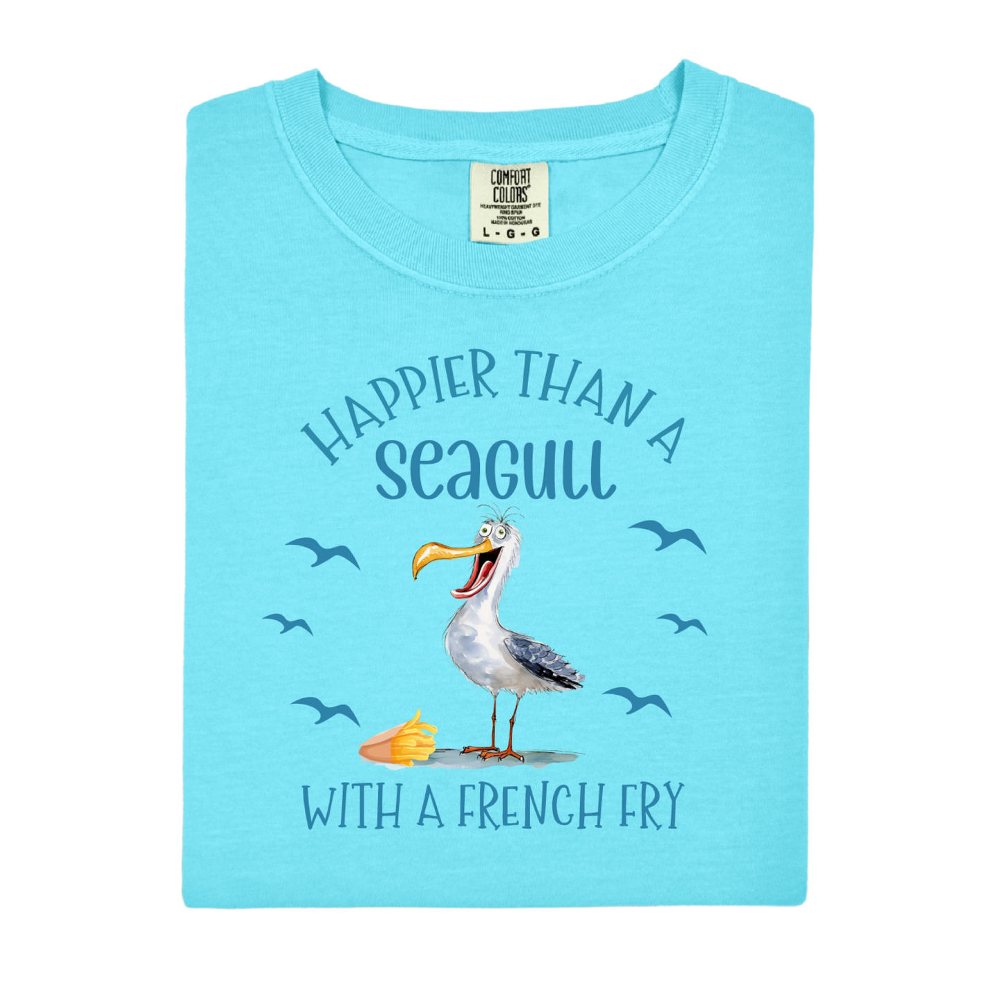 Light blue t-shirt with a seagull graphic and text on a white background