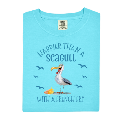Light blue t-shirt with a seagull graphic and text on a white background
