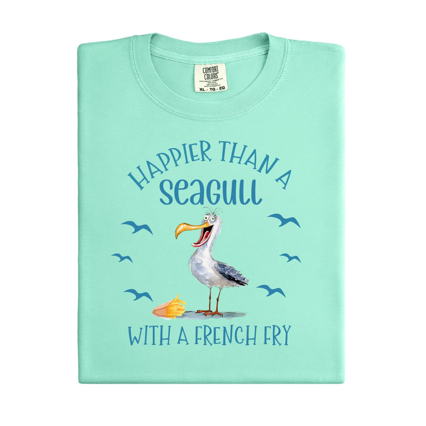 Light green t-shirt with a seagull graphic and text on a white background