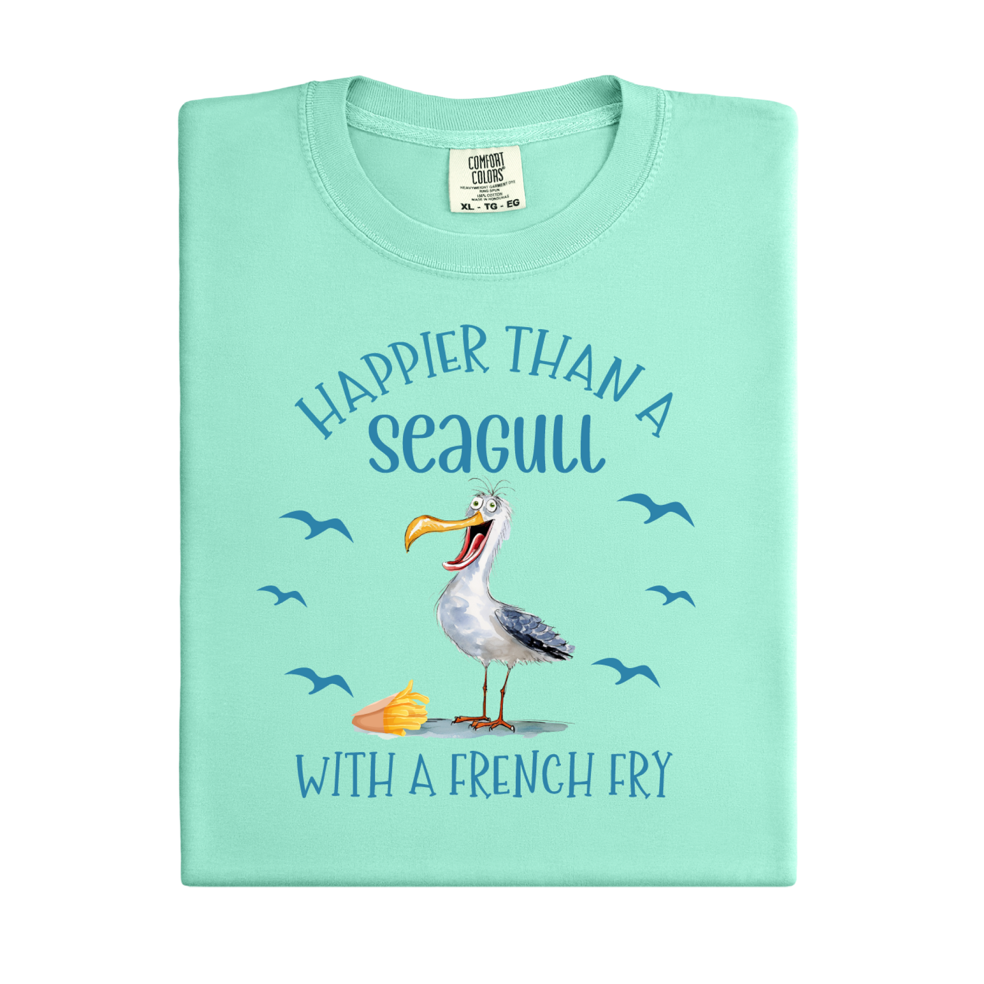 Light green t-shirt with a seagull graphic and text on a white background