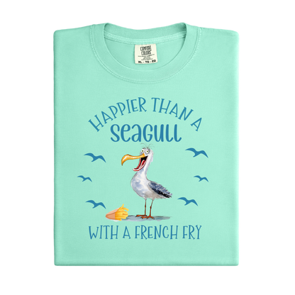 Light green t-shirt with a seagull graphic and text on a white background