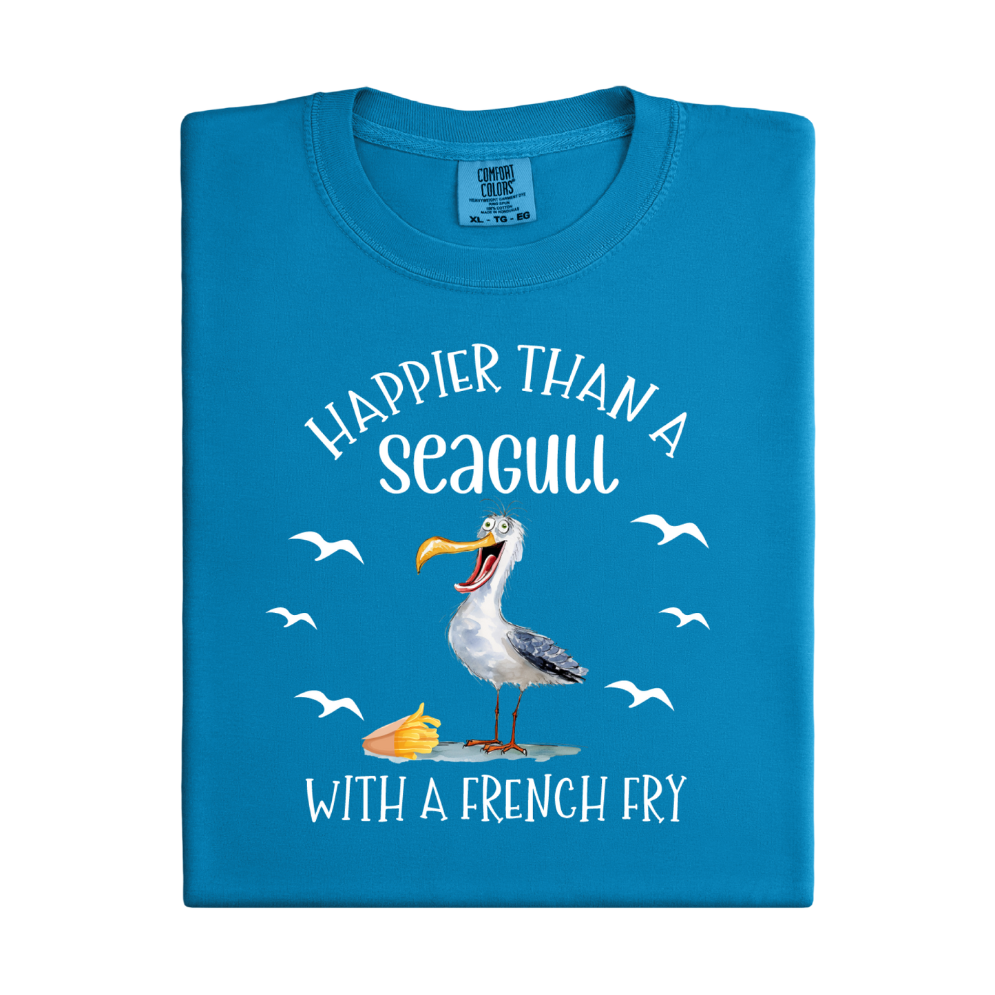 Blue t-shirt with a seagull graphic and text on a white background