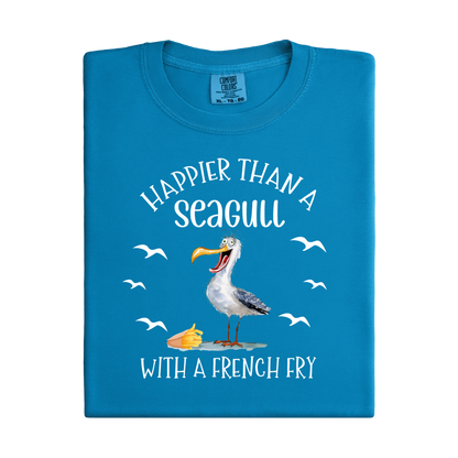 Blue t-shirt with a seagull graphic and text on a white background